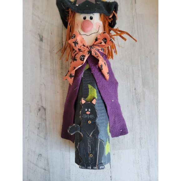 Wooden happy witch Black Cat Halloween Moon post vintage - Picture 3 of 11